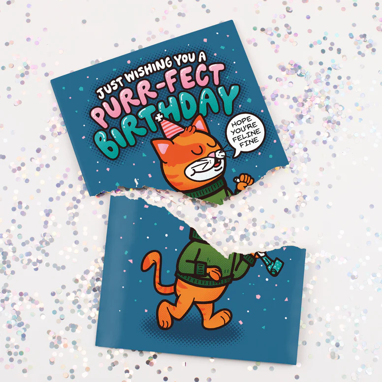 Rivet födelsedagskort katt med glitter som spiller ur