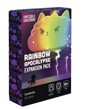 Unstable Unicorns Rainbow Apocalypse Expansion Pack box som visar ett argt regnmoln med blixtar och regnbåge. Innehåller 54 kort för 2-8 spelare, åldrar 14+