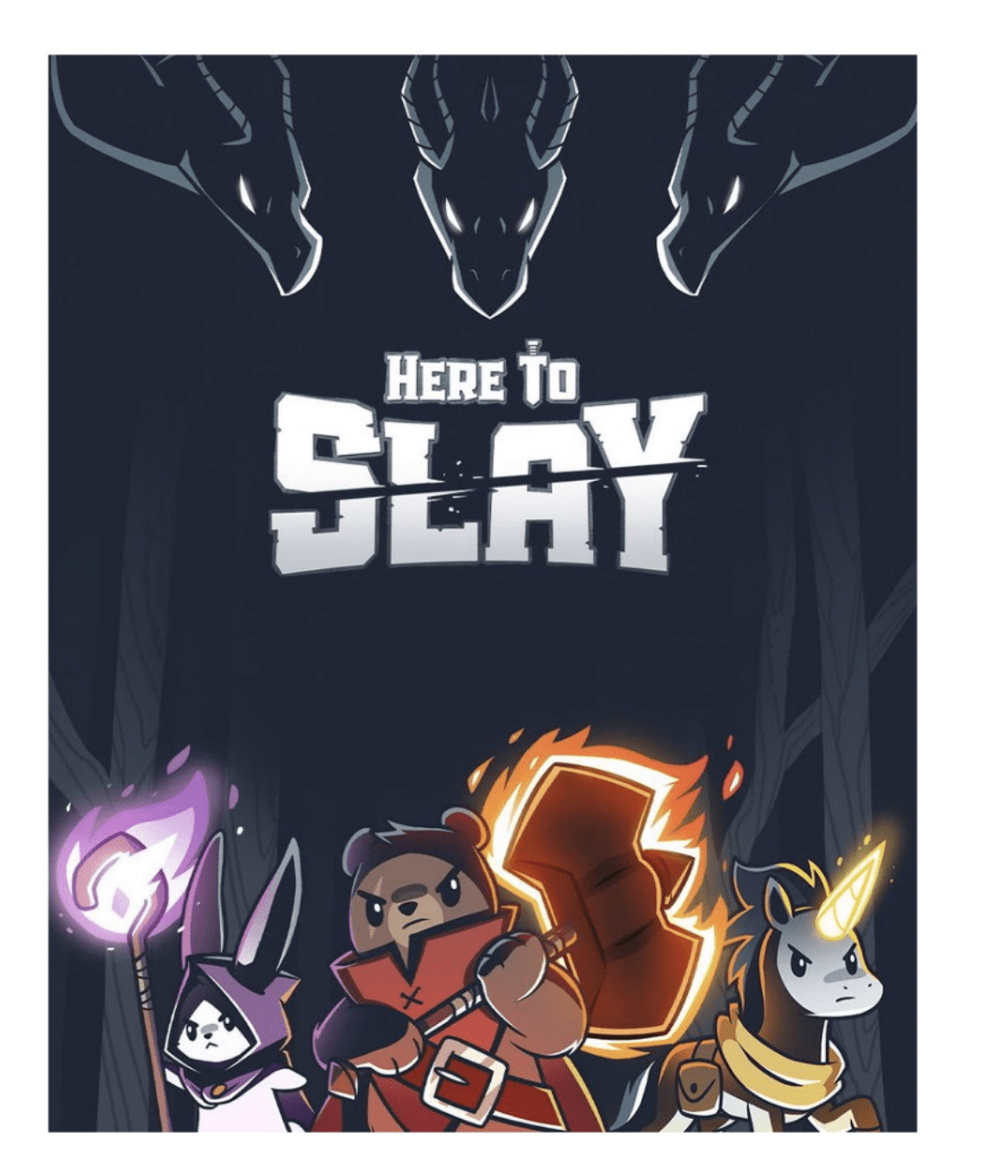 Framsidan på spelboxen Here to Slay med karaktärer redo för strid.