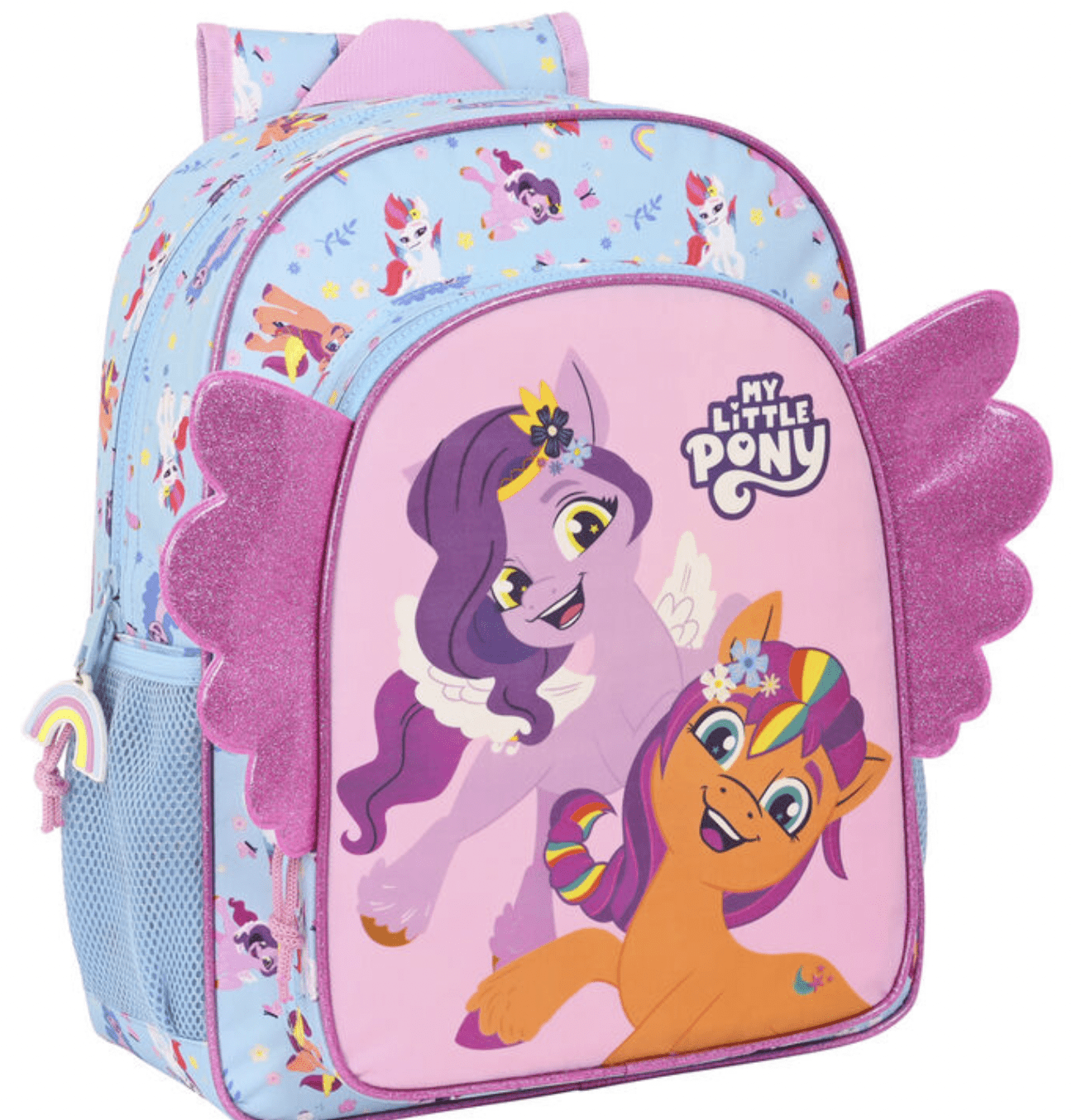 My Little Pony ryggsäck med motiv av lila och orange ponny, glittervingar och regnbågshänge, sidofickor och ergonomiska axelremmar